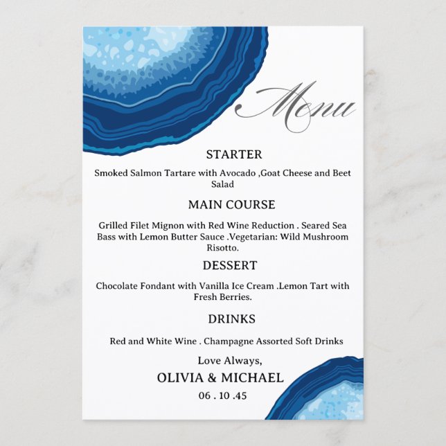 Blue Agate Sliced Wedding Menu (Frente)