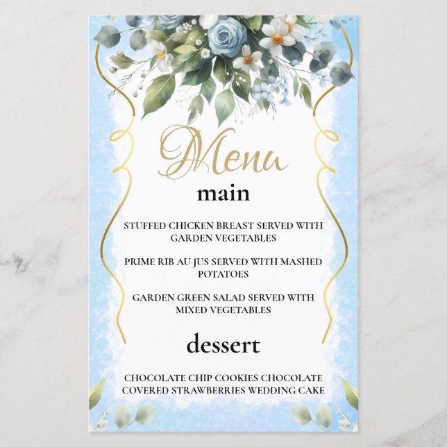 Blue and Gold Elegant Floral Rustic  Menu Card (Frente)