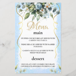 Blue and Gold Elegant Floral Rustic Menu Card