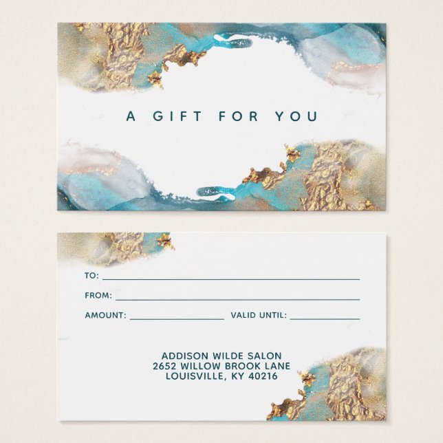 Blue And Gold Modern Art Liquid Ink Gift Card (Frente & Verso)