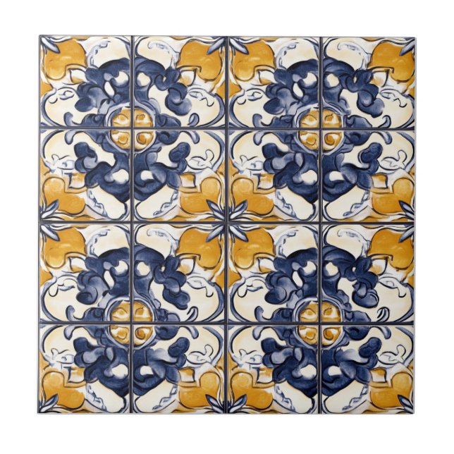 Blue and Gold Pattern Ceramic Tile (Frente)