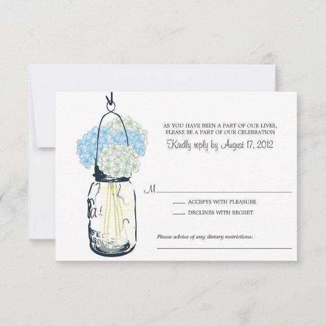 Blue and Ivory Hydrangea & Mason Jar Weding RSVP (Frente)