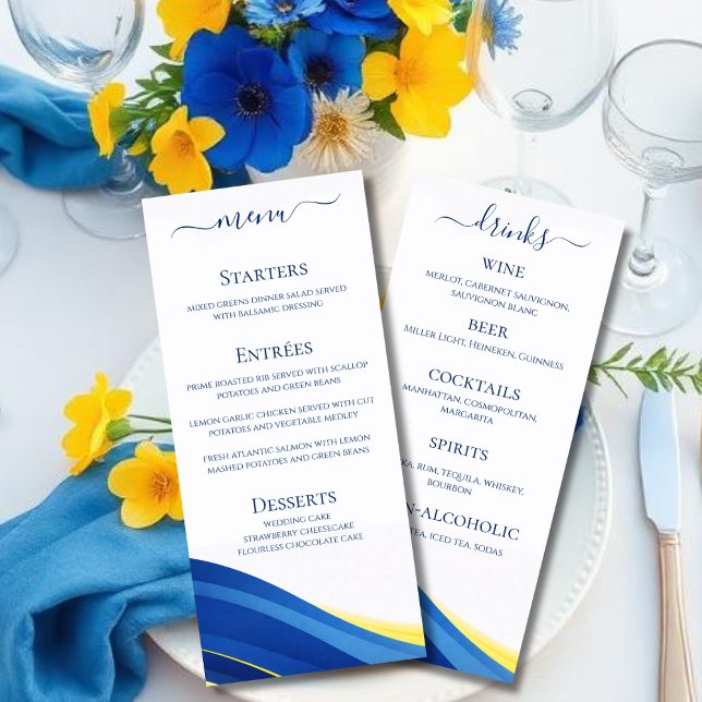 Blue and Yellow Wedding Dinner and Bar Menu  (Cobalt Blue and Lemon Yellow Wedding Dinner and Bar Menu)