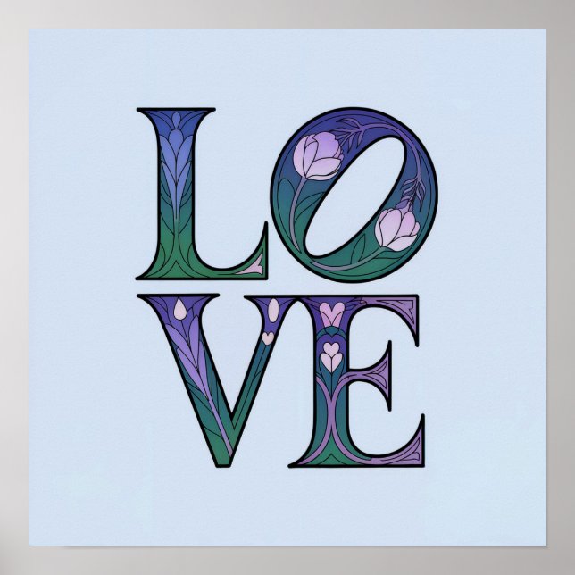 Blue Art Nouveau LOVE Poster (Frente)