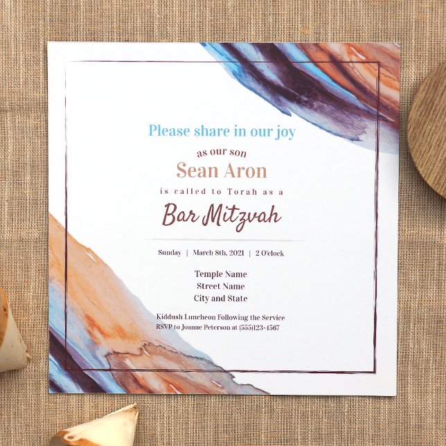 Blue Beige EggPlant Purple Bar Mitzvah Convite (Stylish Bar Mitzvah Invitations Caramel brown beige, light blue, eggplant purple paint swoosh stroke)