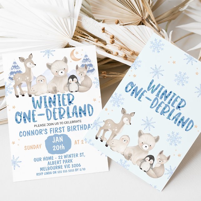 Blue Beige Winter Onederland Convite para Aniversá (Blue and beige woodland animals winter onederland first birthday invitation for a baby boy.)