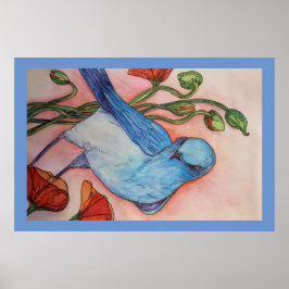blue bird and poppies poster