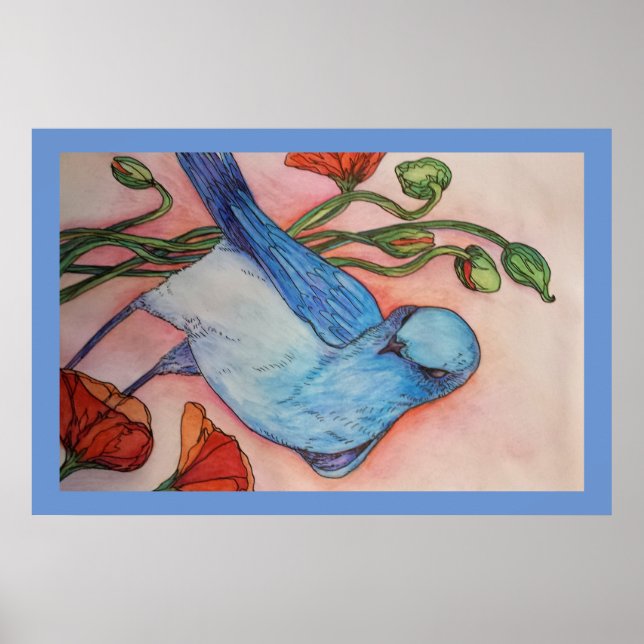 blue bird and poppies poster (Frente)