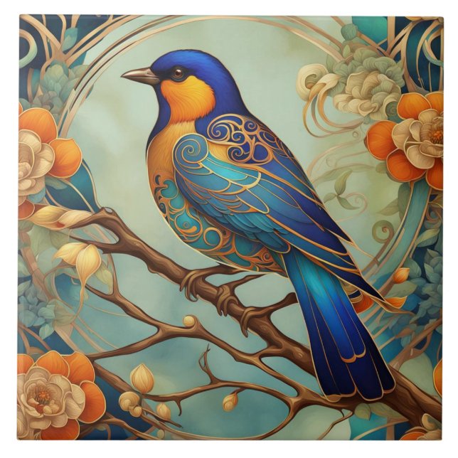 Blue Bird Art Nouveau Art Deco Orange & Mint (Frente)