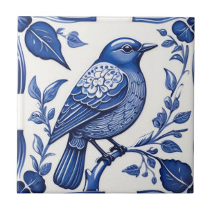 Blue Bird Delft Blue & White Asian Floral Bluebird