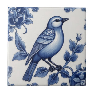 Blue Bird Delft Blue & White Asian Floral Bluebird