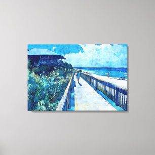 Blue Boardwalk Stroll Beach Watercolor Canvas