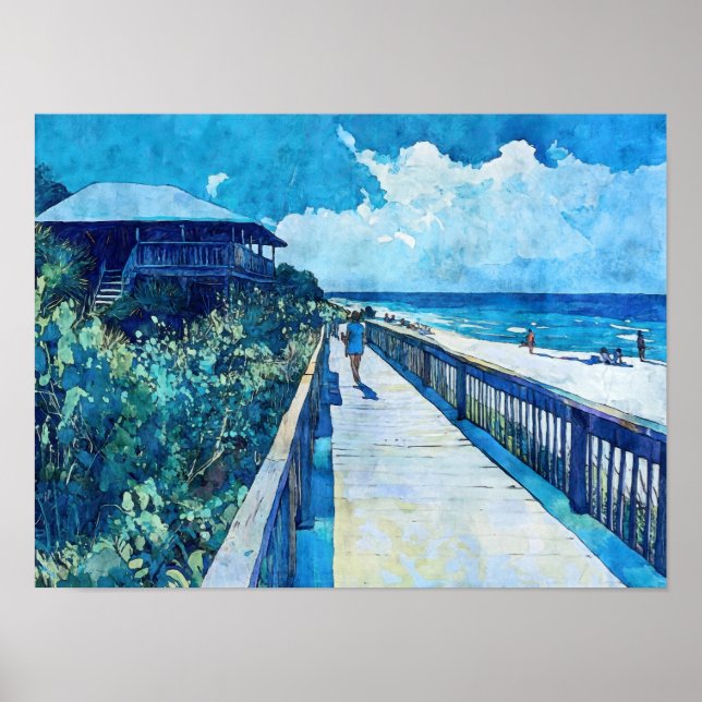 Blue Boardwalk Stroll Beach Watercolor Poster (Frente)