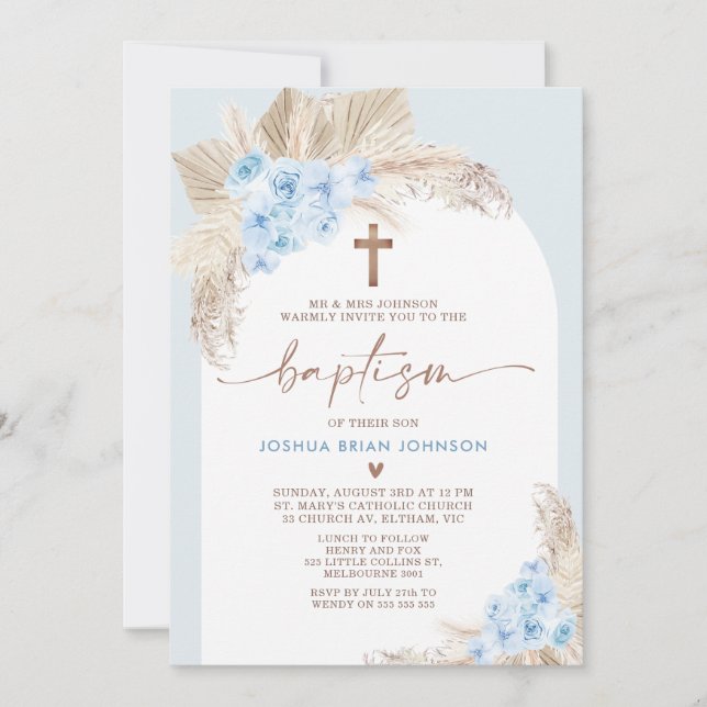 Blue Boho Floral Arch Boys Convite Baptism (Frente)