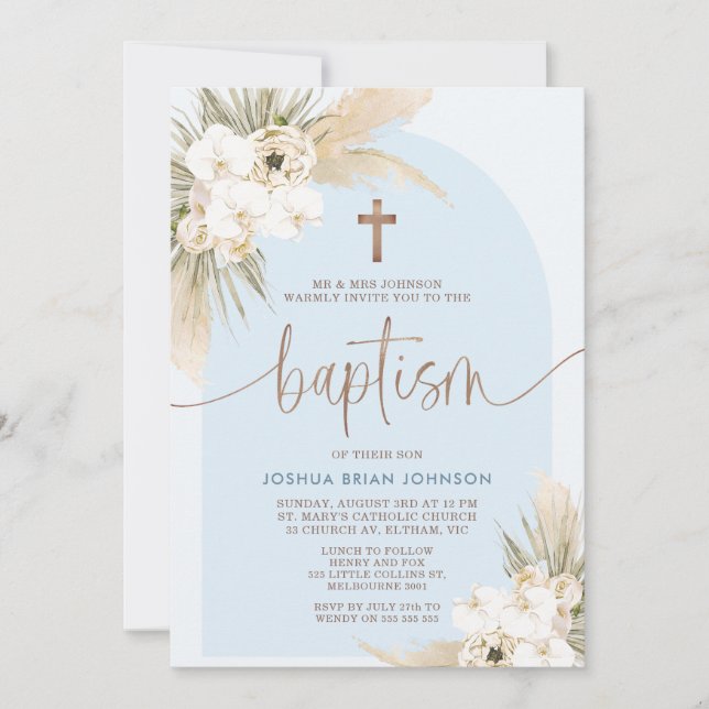 Blue Boho Floral Arch Boys Convite Baptism (Frente)