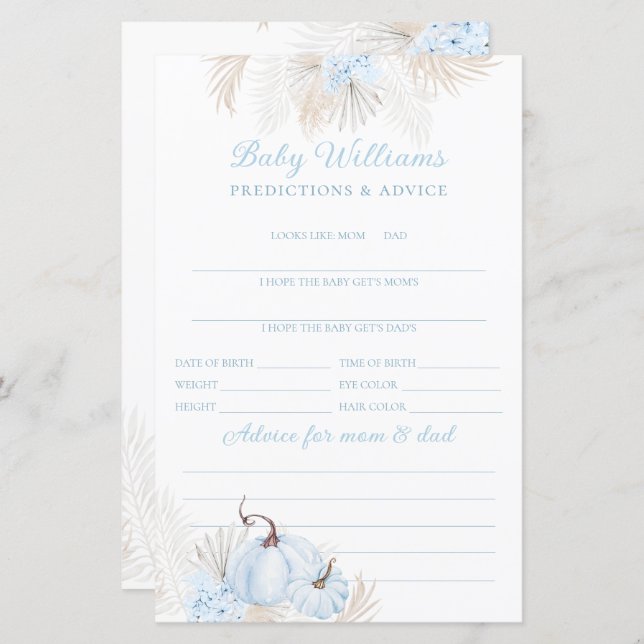 Blue Boho Pumpkin Baby Predição Jogo (Frente/Verso)