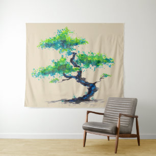 Blue Bonsai Watercolor Wall Tapeçaria