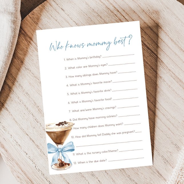 Blue Bow Espresso Martini Quem Sabe Jogo da Mamãe (Espresso Baby Shower Game)