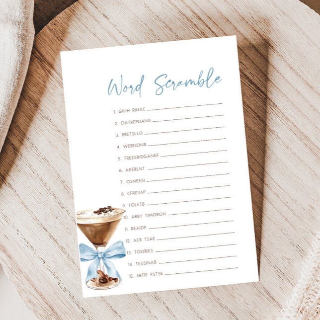 Blue Bow Espresso Martini Shower Jogo de Palavras  (Espresso Baby Shower Game)