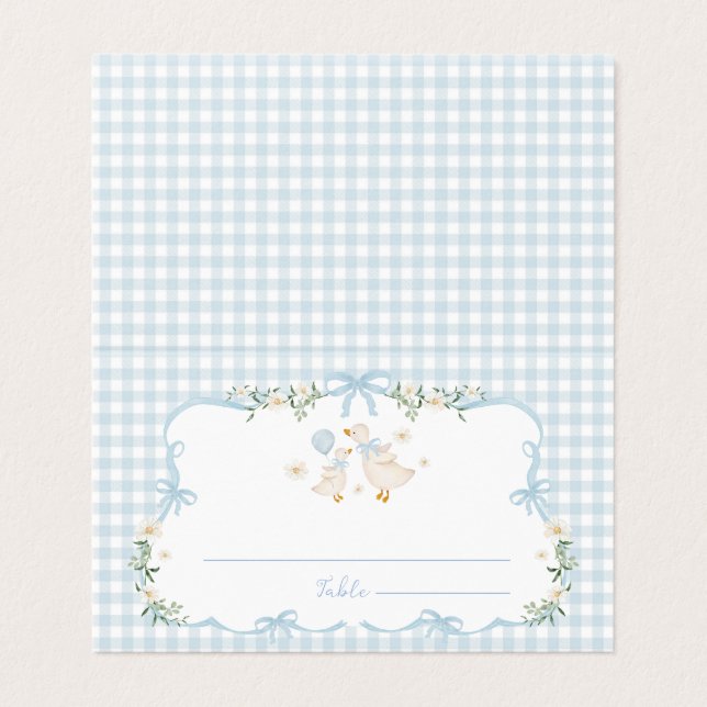 Blue Bow Silly Goose Boy Baby Shower Place Cards (Exterior Desdobrado)