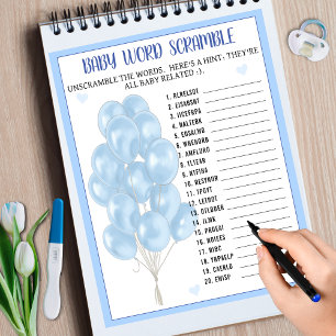 Blue Boy Balloon Word Scramble Chá de fraldas Game