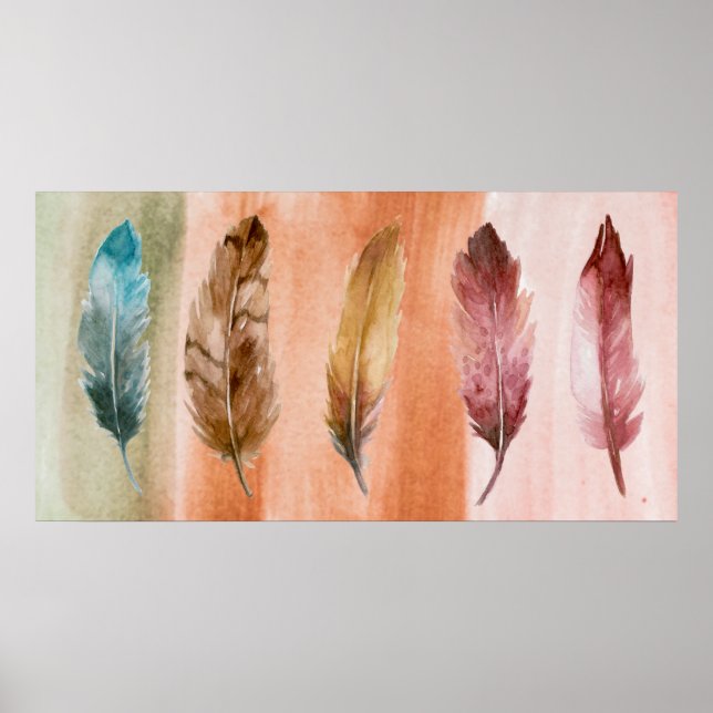 Blue Brown Red Feather Wall Art Impressão (Frente)