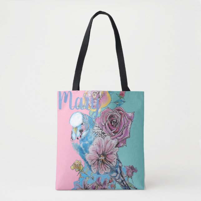Blue Budgie Rosa Flor Tote Bag (Frente)