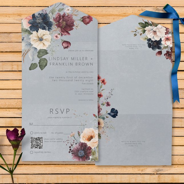 Blue Burgundy & Cream Russo Floral Blue Código QR (Blue Burgundy & Cream Rustic Floral Blue All In One Wedding Invitation with QR Code)
