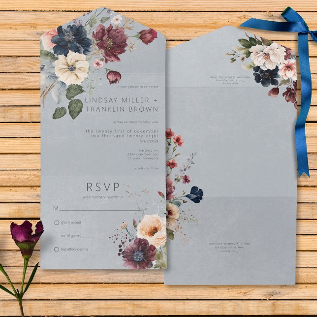 Blue Burgundy & Cream Rustic Floral Blue No Janta (Blue Burgundy & Cream Rustic Floral Blue All In One Wedding Invitation without Dinner Options)