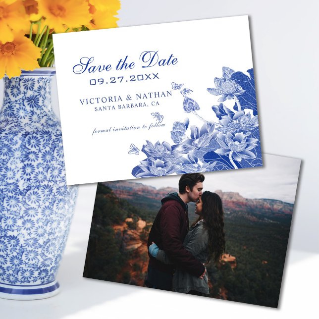 Blue Chinoiserie com Photo Weding the Date (Criador carregado)