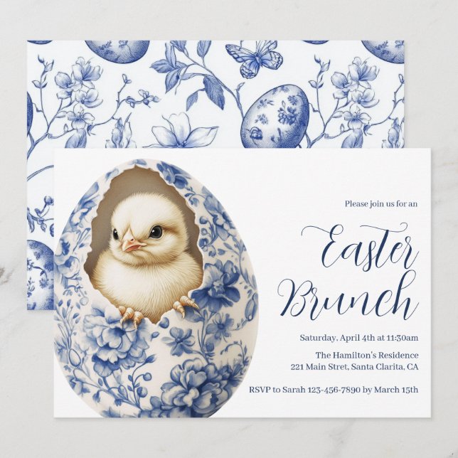 Blue Chinoiserie Egg Easter Brunch Invitation (Frente/Verso)