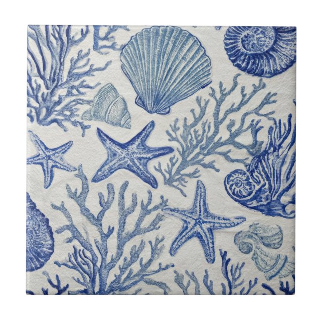 Blue Coastal Toile Seashell Coral Pattern (Frente)