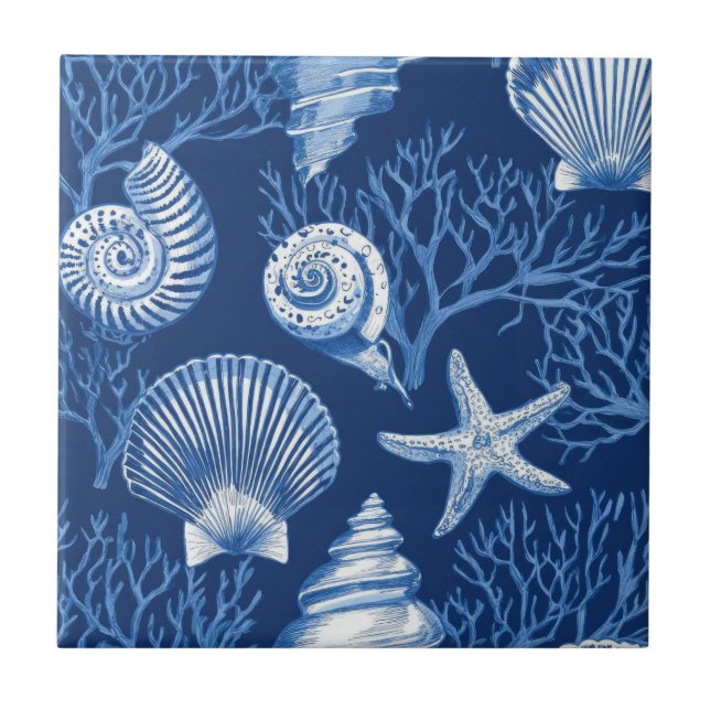 Blue Coastal Toile Seashell Coral Pattern (2) (Frente)