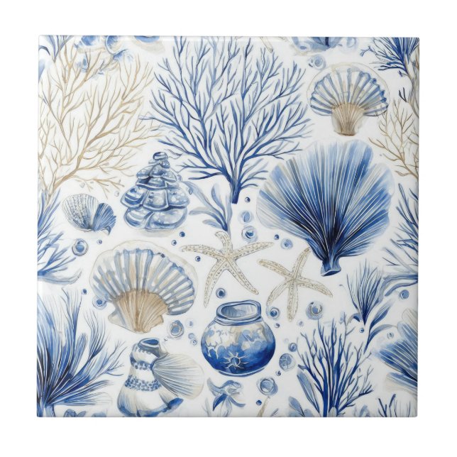 Blue Coastal Toile Seashell Coral Pattern (3) (Frente)