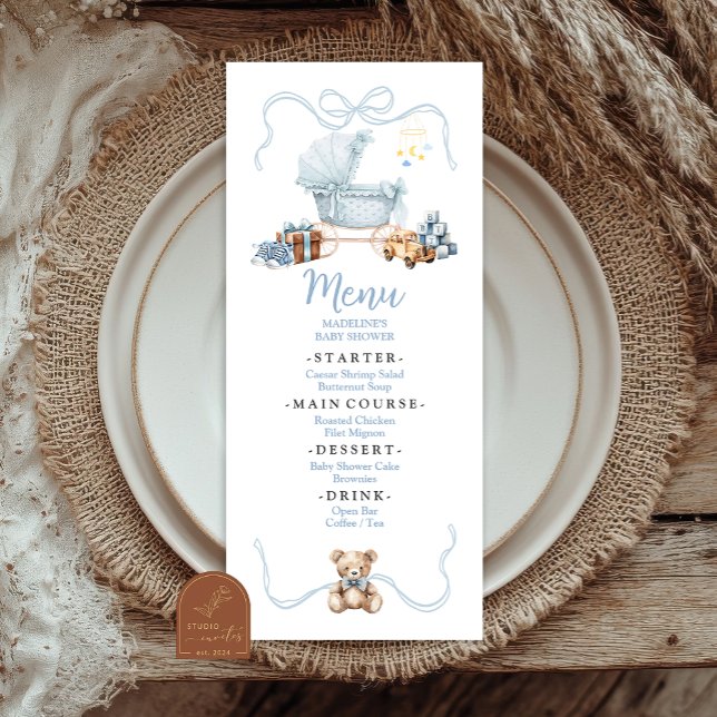Blue Coquette Baby Carriage Baby Shower Flat Menu (Criador carregado)