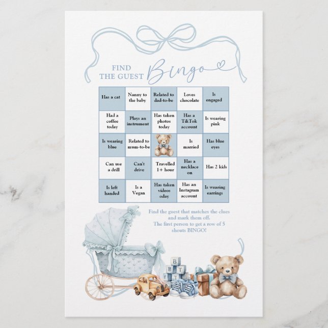 Blue Coquette Baby Carriage Find The Guest Bingo (Frente)