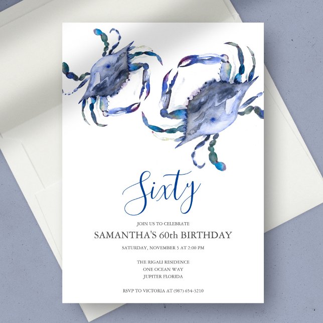 Blue Crab Boil 60º Convite de Aniversário (60th birthday invitations watercolor blue crab art by Victoria Grigaliunas Do Tell A Belle)