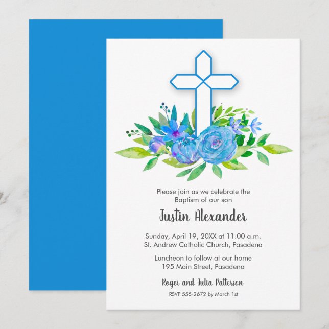 Blue Cross Floral Baptism Convite para Natal (Frente/Verso)