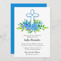 Blue Cross Floral Baptism Convite para Natal