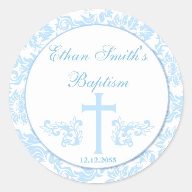 Blue Damask Baptism Favor Adesivos Selantes (Frente)