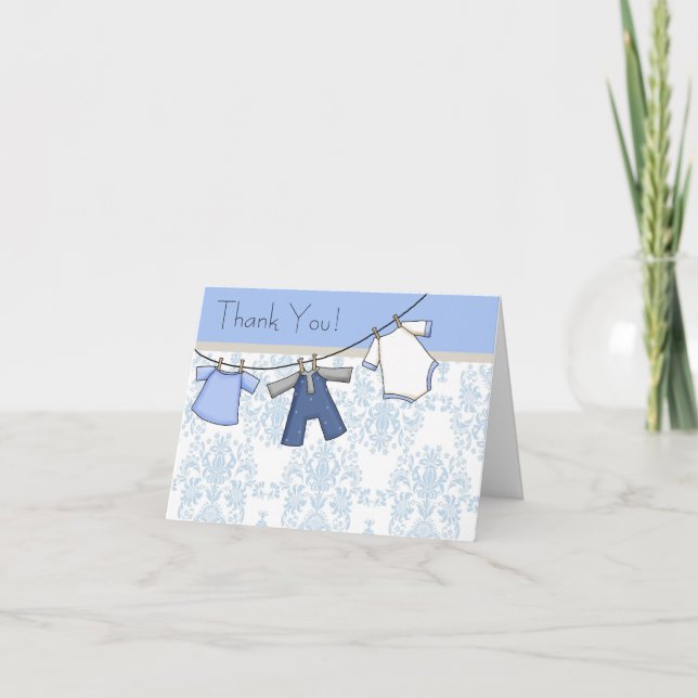 Blue Damask Clothesline Baby Boy Obrigado Cartões (Frente)