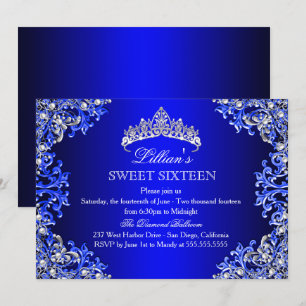Blue Damask Tiara Sweet 16 Convite
