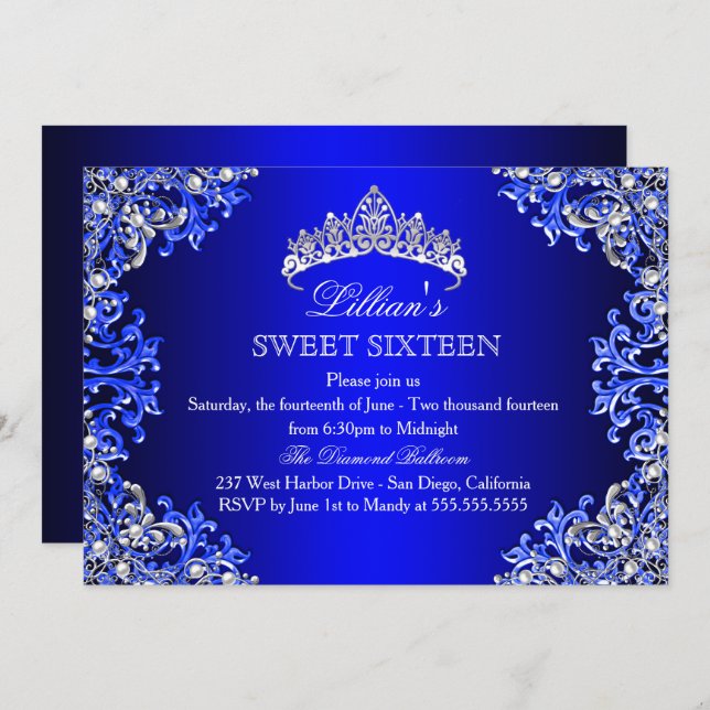 Blue Damask Tiara Sweet 16 Convite (Frente/Verso)