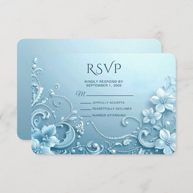 Blue Decorative Floral RSVP Card (Frente/Verso)