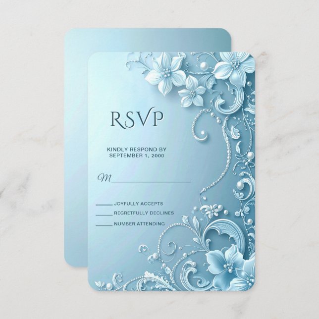 Blue Decorative Floral RSVP Card (Frente/Verso)