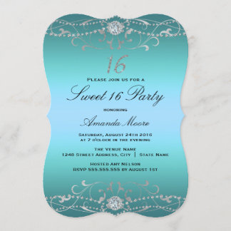 Blue Diamond Damask Sweet 16 Convite