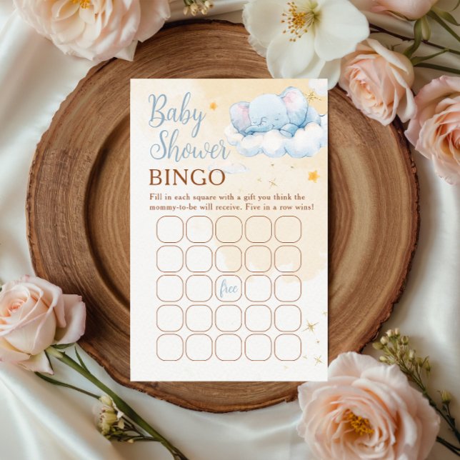 Blue Elephant Baby Shower Bingo Game Card Cloud  (Criador carregado)
