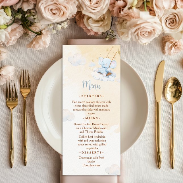 Blue Elephant Baby Shower Menu Card Cloud Stars (Criador carregado)