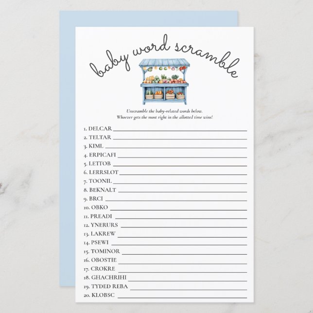 Blue Farmers Market Baby Shower Word Scramble Game (Frente/Verso)