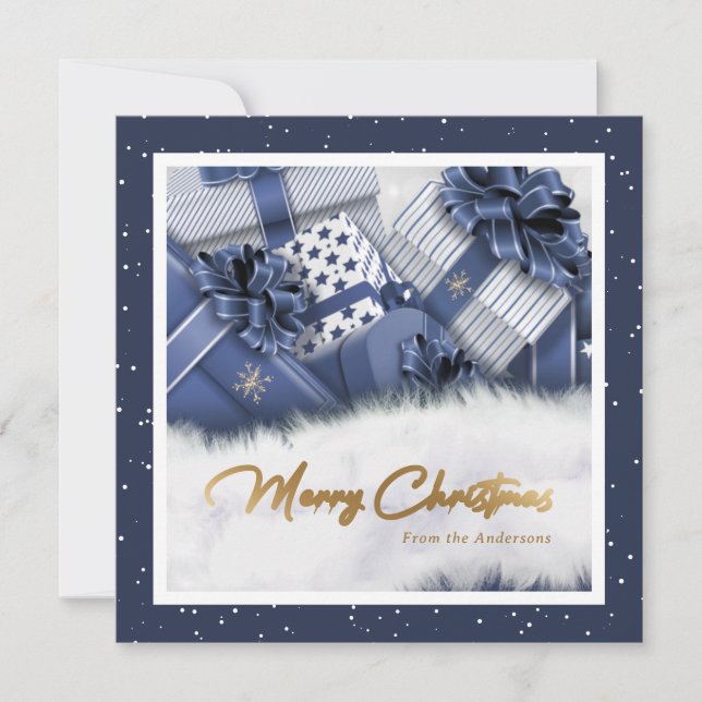 Blue Faux Gold Foil Snow Oferece Cartões de Natal (Frente)
